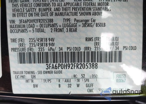 2015 Ford Fusion Se from USA, damaged, VIN 3FA6P0H92FR205388